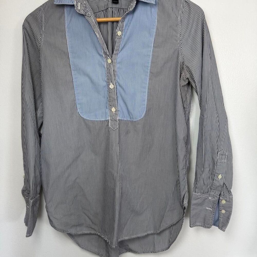 J.Crew Women's Grey and Blue stripe popover blouse coastal preppy button shirt